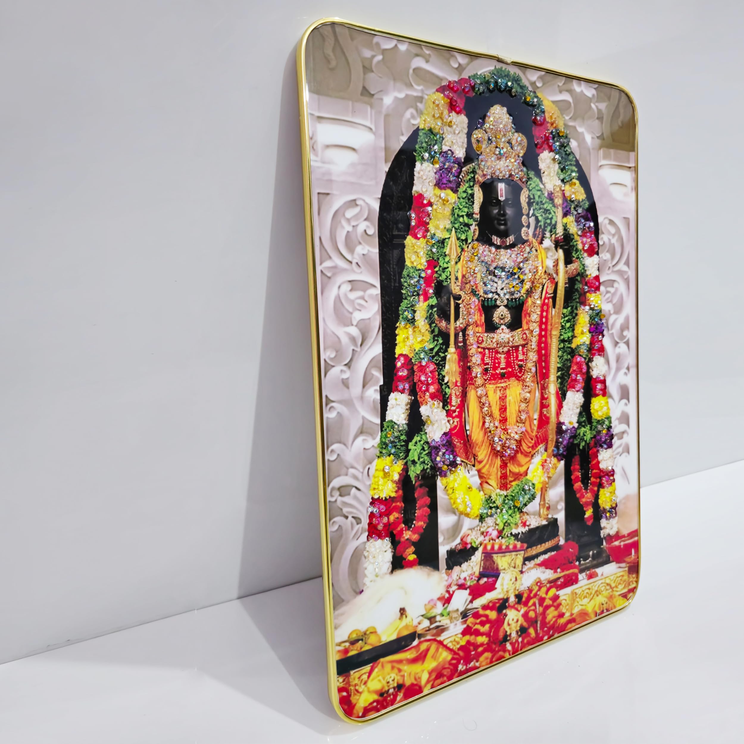 Masstone Ram Lalla Ayodhya Model Wall Painting With Crystal Embedded High Gloss Surface Gold Slim Frame Embossed, 45X30 Cm Wall